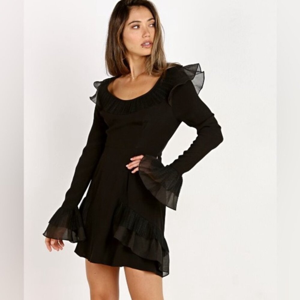 Free People For Love & Lemons Mini Dress XS Flare Sleeve Ruffles Black Prom Grad - Picture 8 of 16